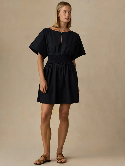 SERENOVAA   Coastal Poplin Elia Mini Smocked Dress - Black