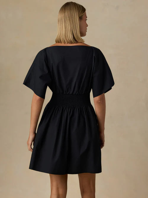 SERENOVAA   Coastal Poplin Elia Mini Smocked Dress - Black